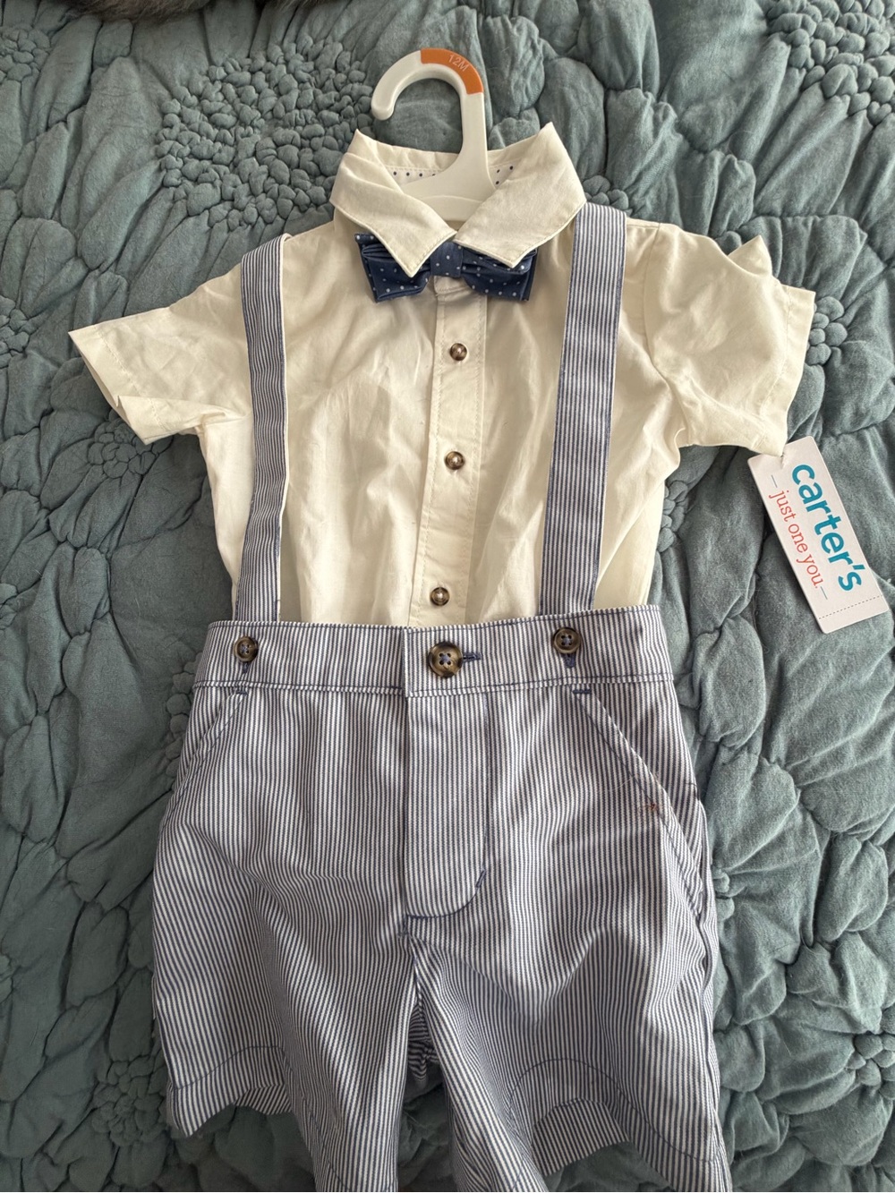 Carter's Cream Shirt & Blue Striped Suspender Shorts Set with Bow Tie